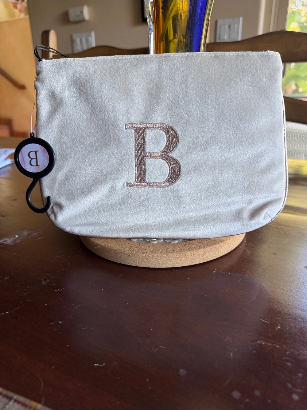 Monogrammed Cream velvet Cosmetic Pouch with Embroidered 'B'